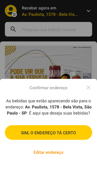 Tela do app com o modal Confirmar endereço e os botões Sim, o endereço tá certo e Editar endereço