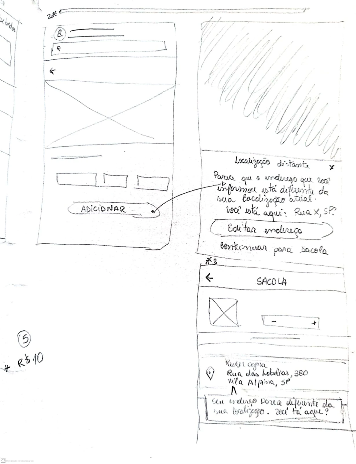 Wireframes desenhados à mão no papel com alternativas para a confirmação de endereço